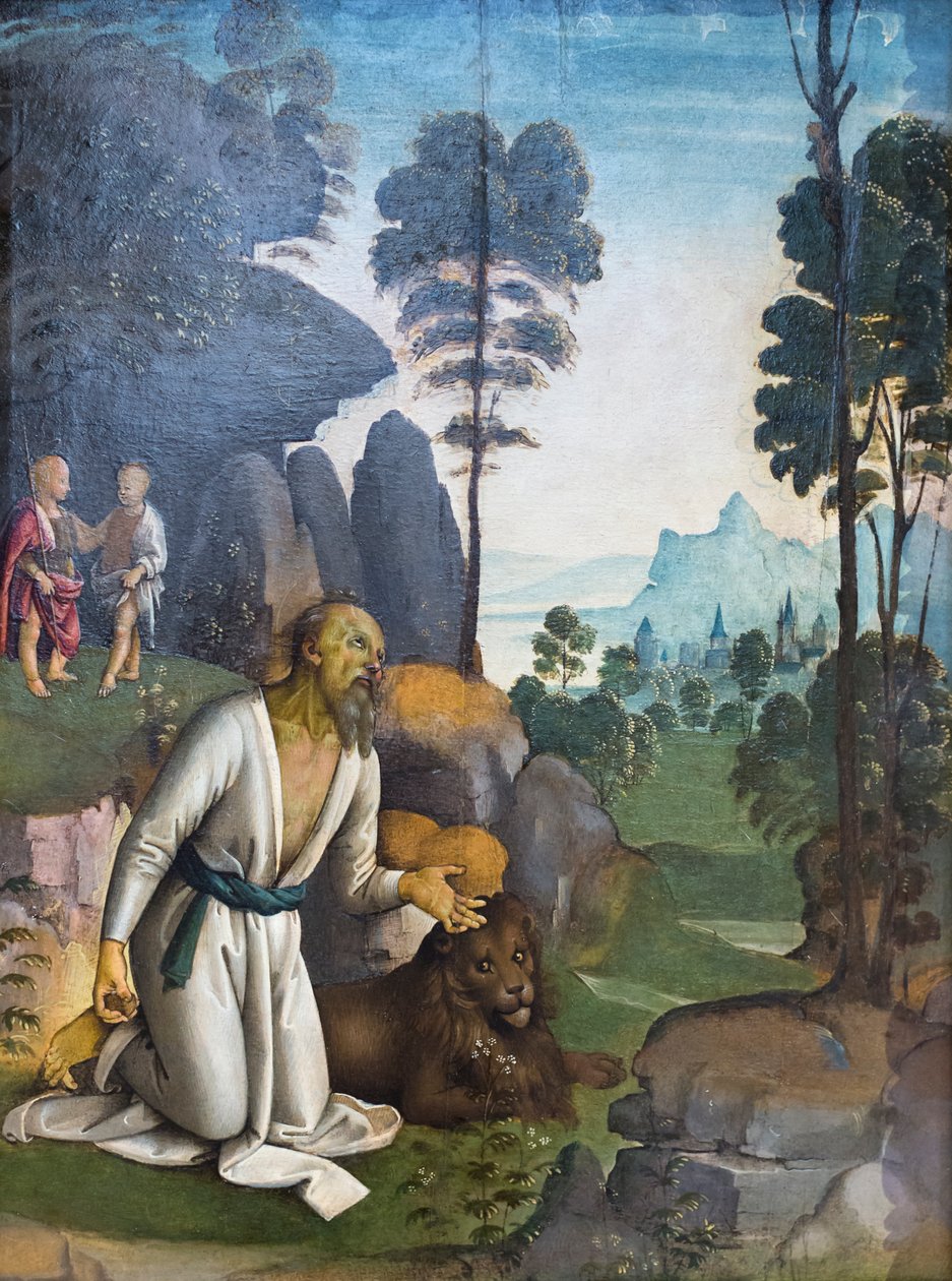Den angrende helgen Hieronymus med spædbarnet Jesus og den hellige Johannes Døberen som barn (olie på panel) af Pietro Perugino
