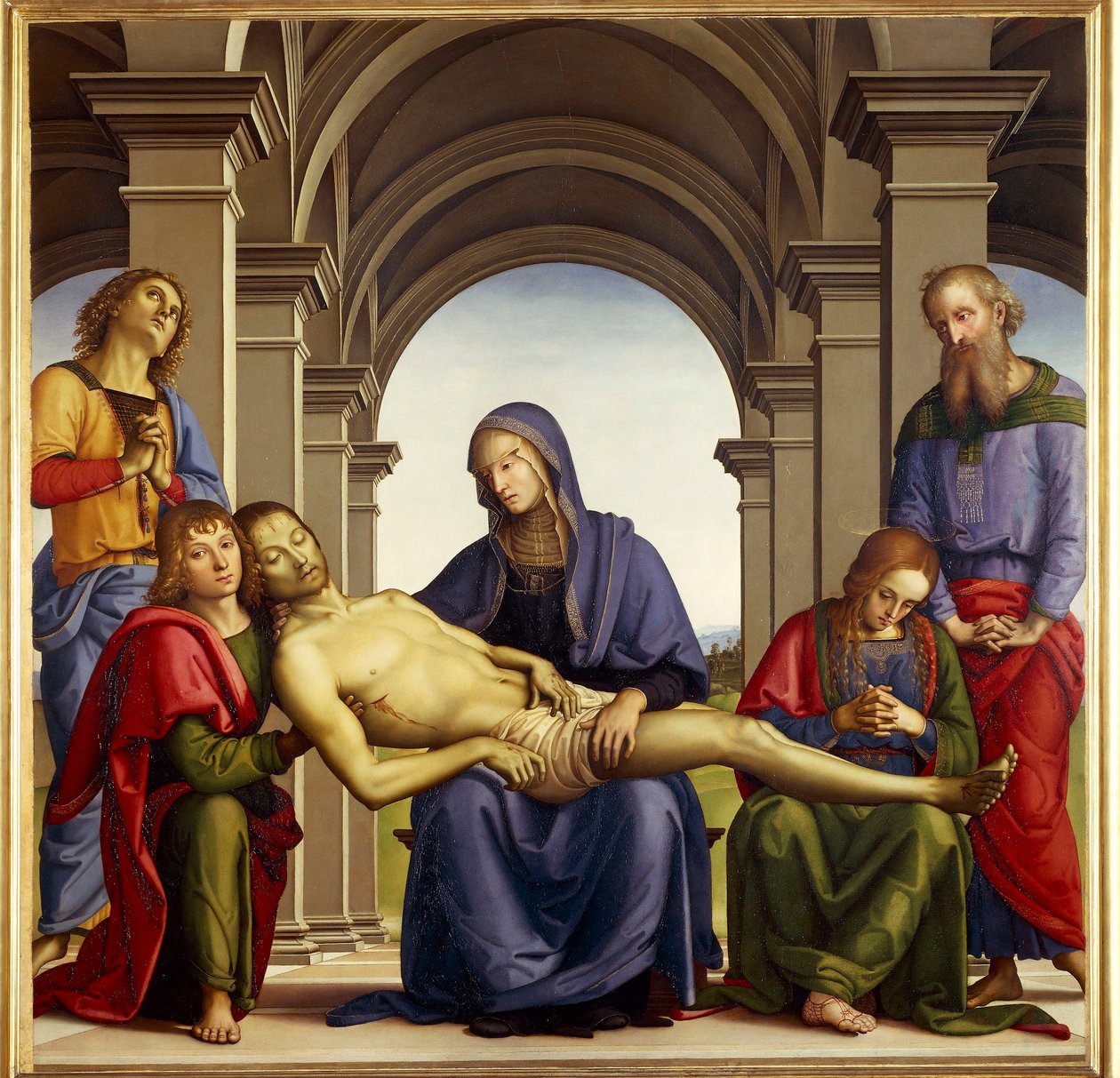 Pieta er afbildet omkring Jesu Kristi legeme: Sankt Josef af Arimathia, Sankt Nikodema, Sankt Maria Magdalena, Sankt Johannes og Jomfru Maria. Maleri af Pietro di Cristoforo Vannucci dit Le Perugin (Il Perugino af Pietro Perugino