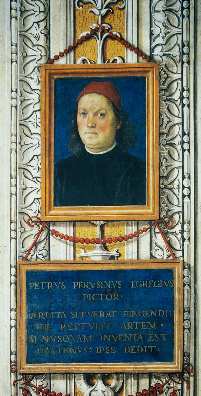 Selvportræt og titelblok af Pietro Perugino