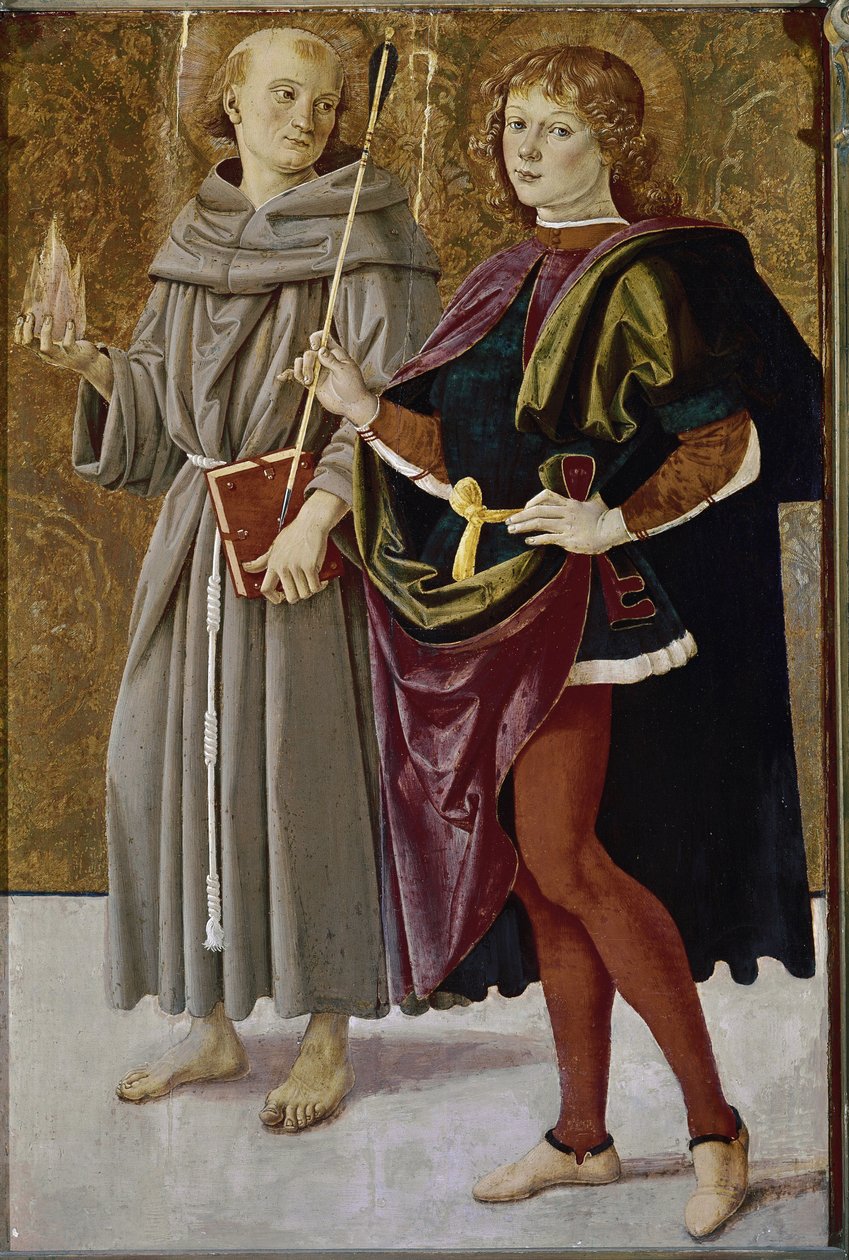 Sankt Bernardine af Feltre og Sankt Sebastian (tempera på træ, ca. 1476) af Pietro Perugino