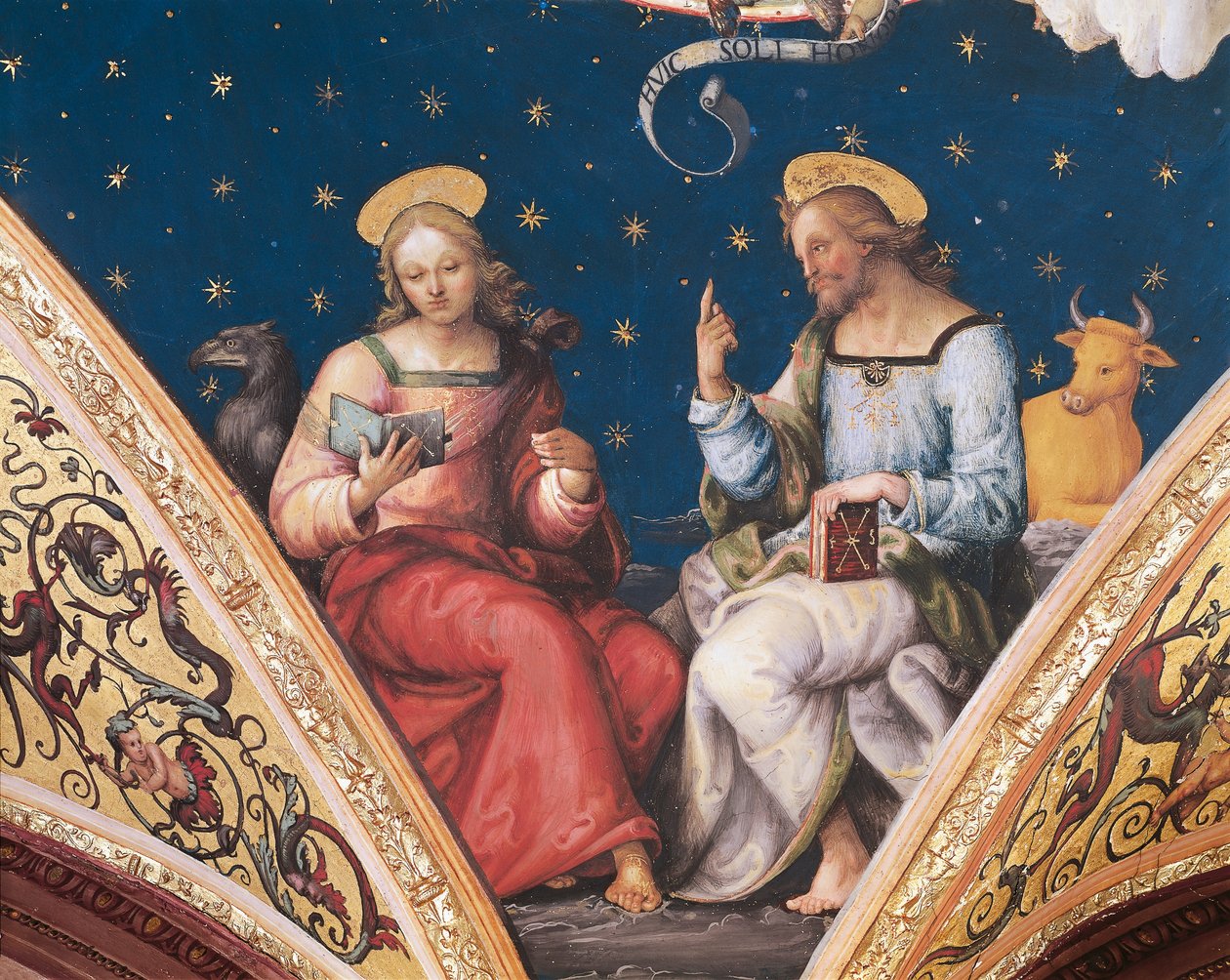St Luke og St John, detalje fra Den Evige Fader, med helgener og evangelister af Pietro Perugino