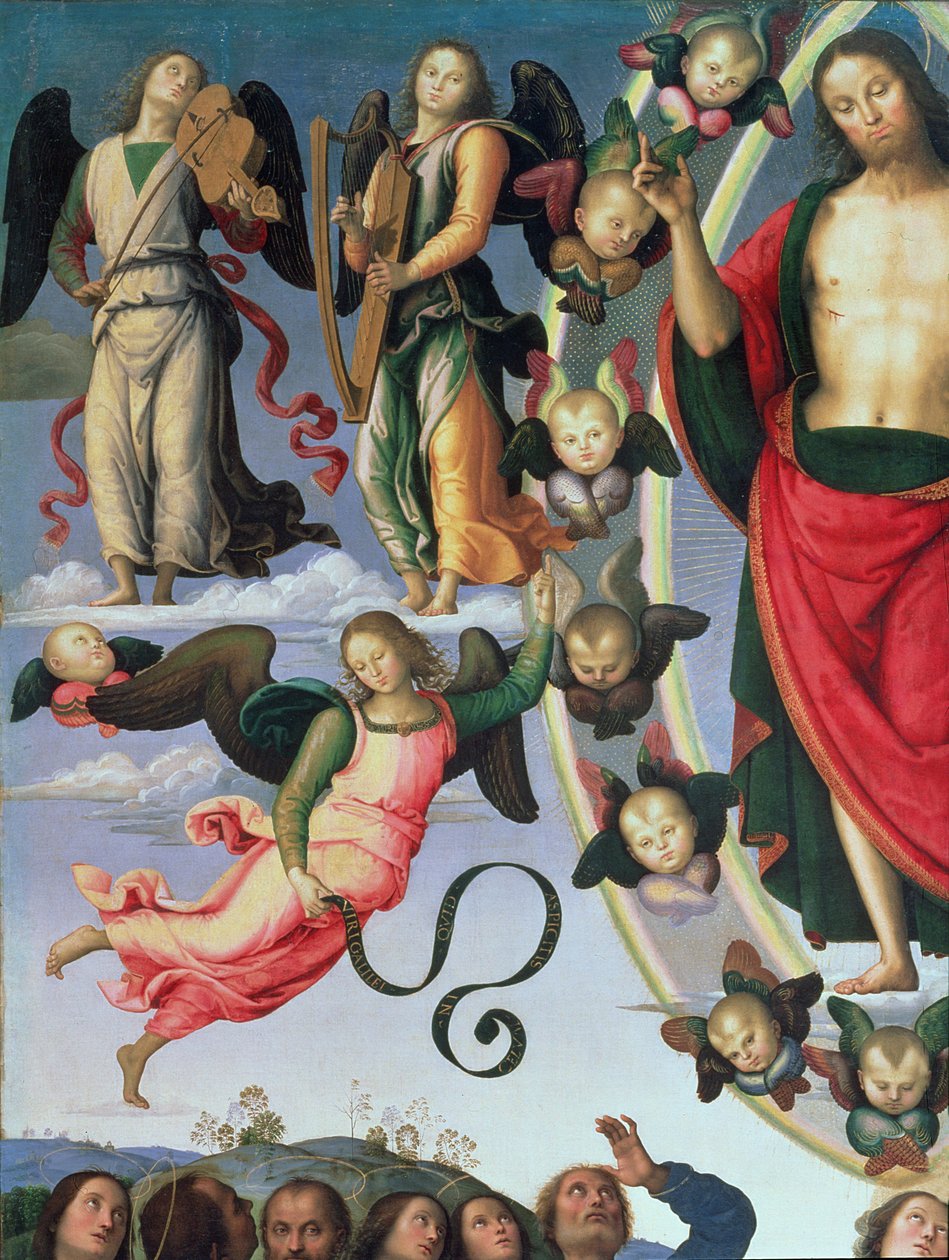 Kristi himmelfart, detalje af Kristus og musikerengle, øverste højre sektion, 1495-98 olie på paneldetalje af 89700 af Pietro Perugino