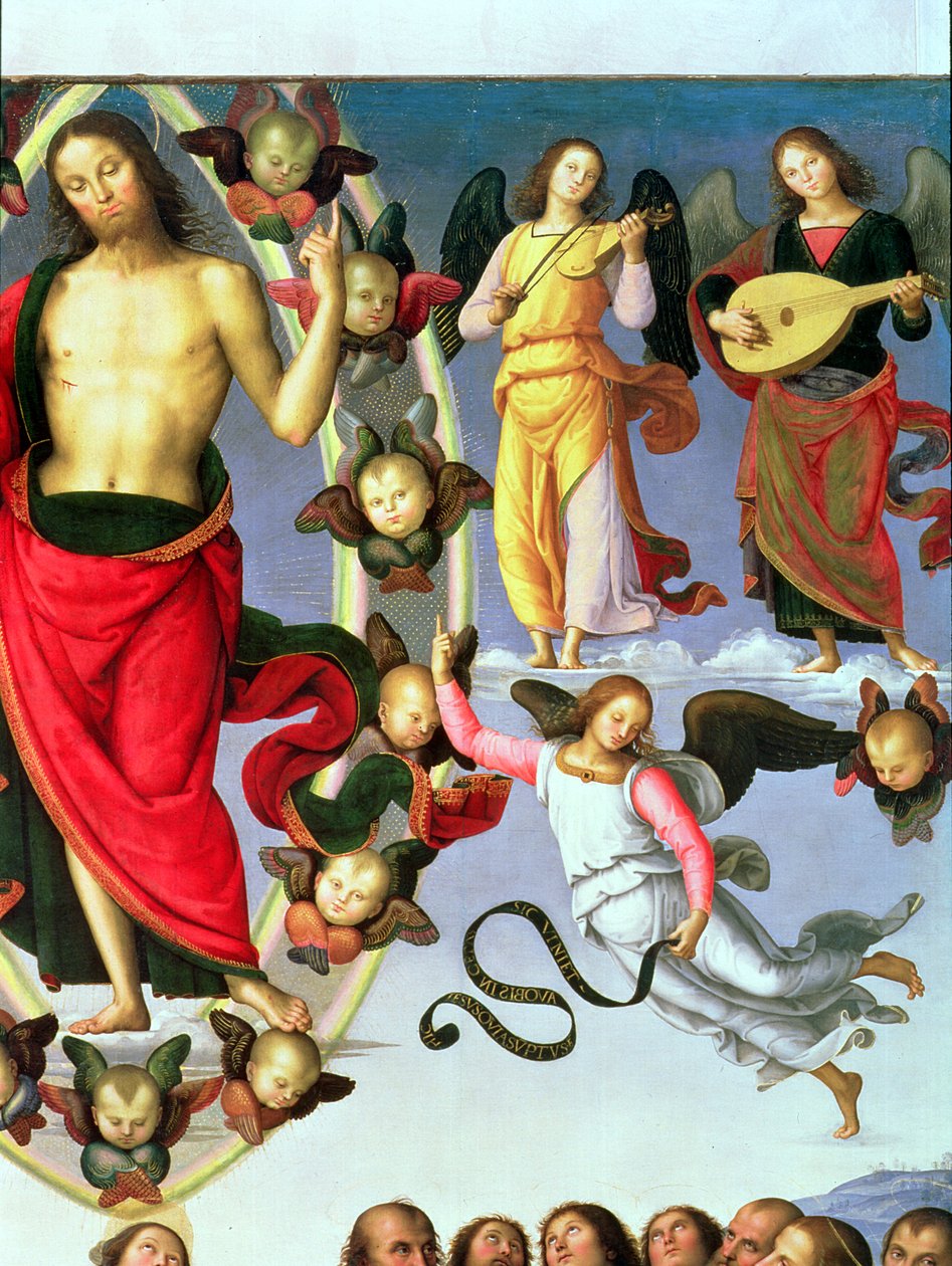 Kristi himmelfart, detalje af Kristus og musikerengle, øverste højre sektion, 1495-98 olie på paneldetalje af 89700 af Pietro Perugino