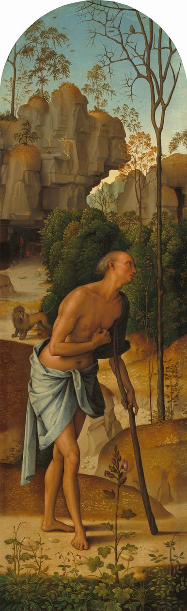 Korsfæstelsen med Jomfruen, Sankt Johannes, Sankt Hieronymus og Sankt Maria Magdalena [venstre panel] af Pietro Perugino