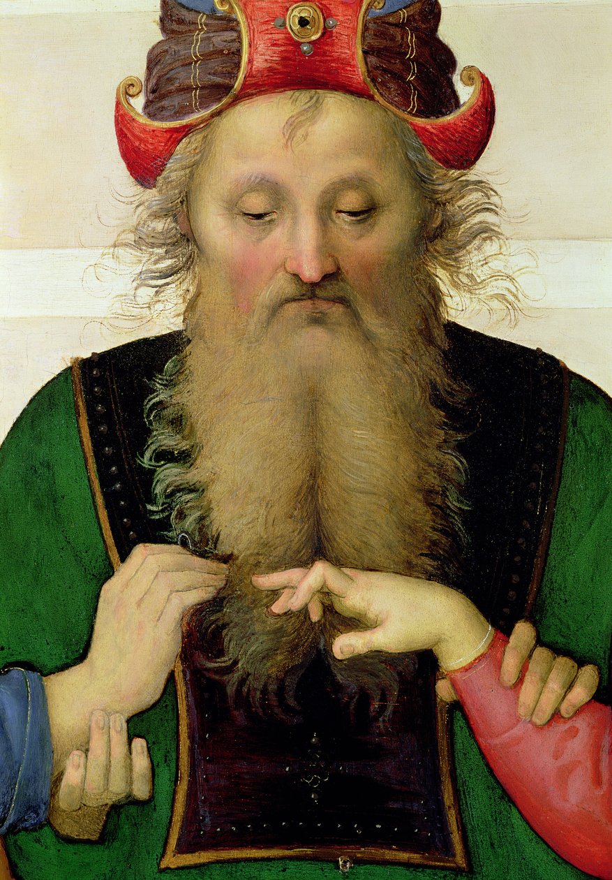 Jomfruens bryllup, detalje af ypperstepræsten, 1500-04 olie på lærred detalje af 53750 af Pietro Perugino