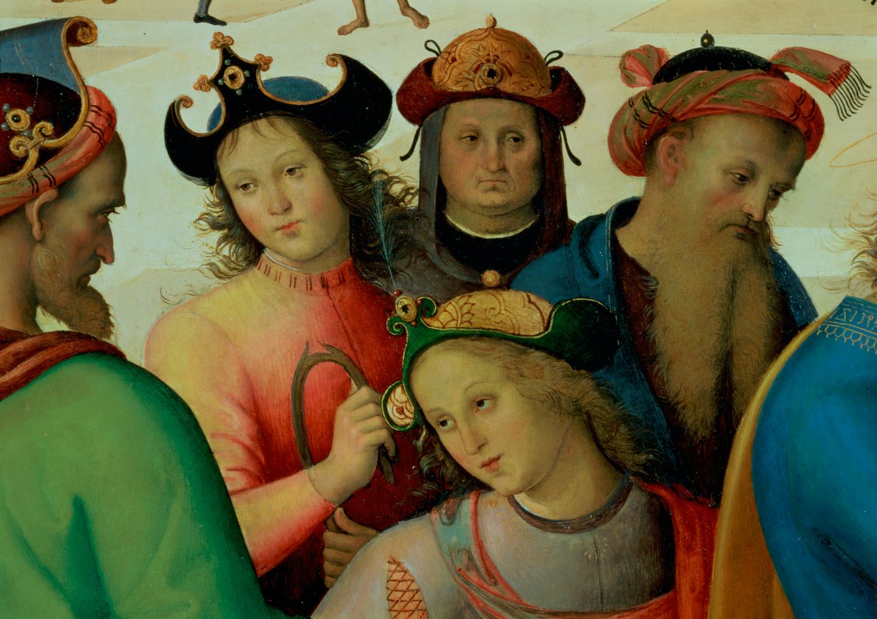 The Marriage of the Virgin, detalje af bejlerne, 1500-04 olie på panel detalje af 53750 af Pietro Perugino