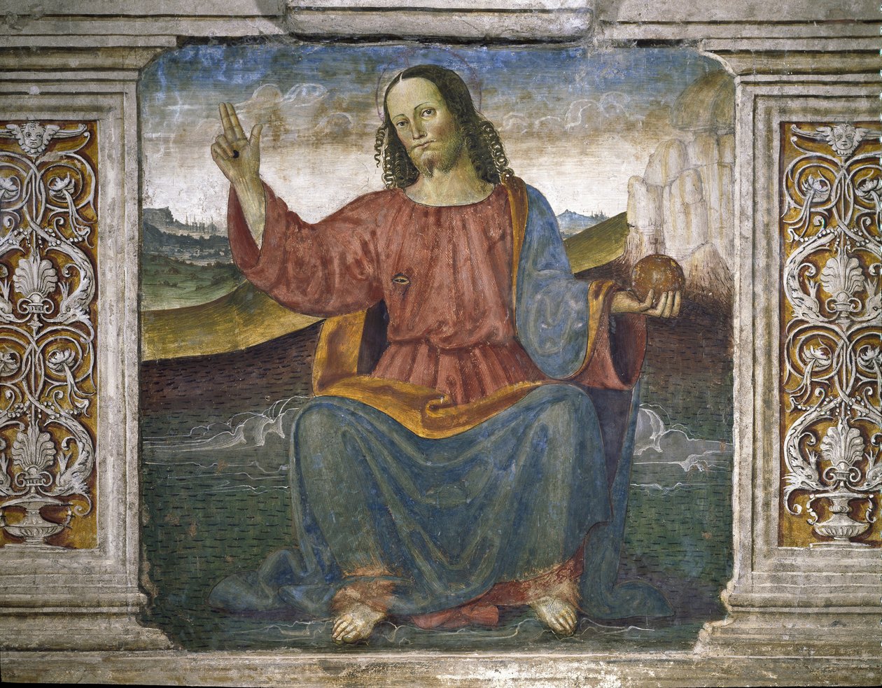 Forløseren, Jesus holder kloden og løfter sin hånd som et tegn på velsignelse (Fresco af Pietro Perugino