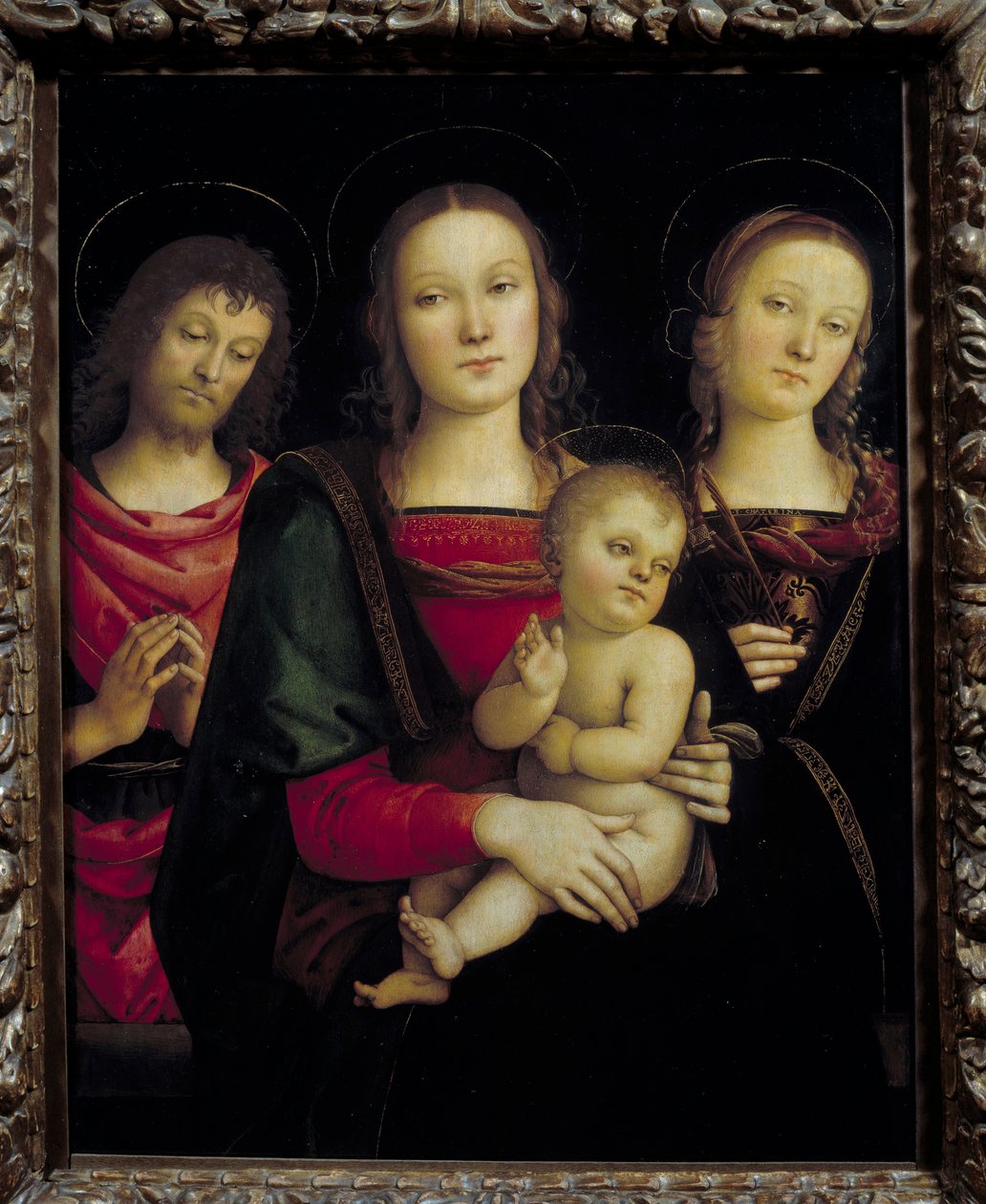 Jomfruen og barnet omgivet af Johannes Døberen og Saint Catherine Maleri af Pietro Vannucci dit il Perugino (Le Perugin af Pietro Perugino