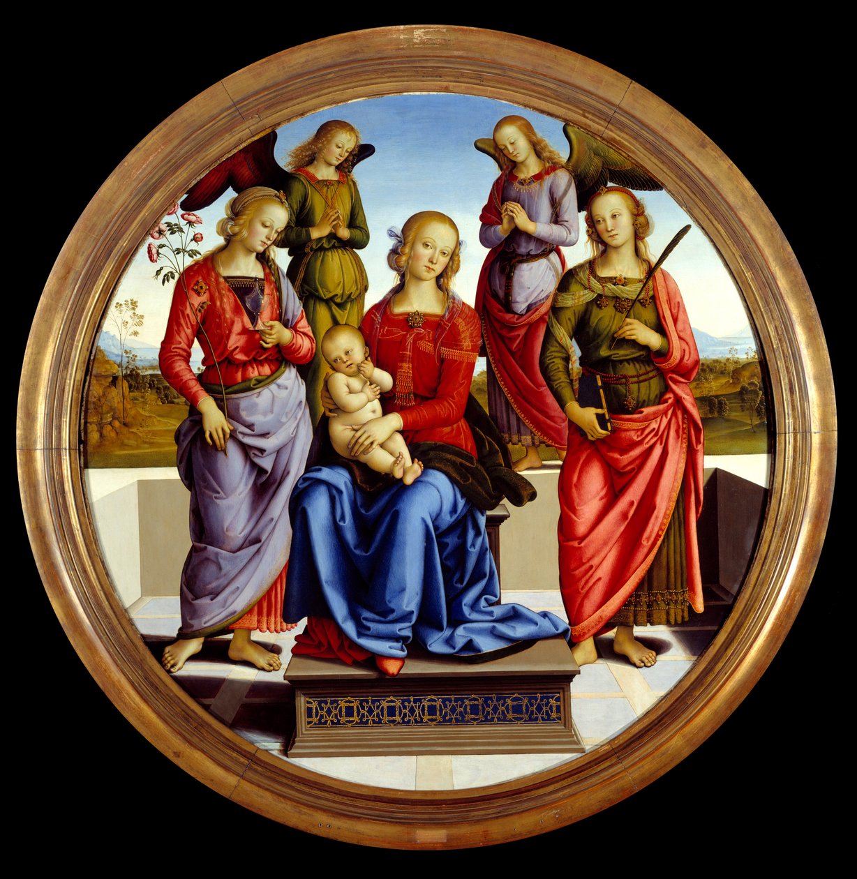 Jomfruen og barnet omgivet af to engle, Saint Rose og Saint Catherine. Maleri af Pietro Vannucci dit il Perugino (The Perugin af Pietro Perugino
