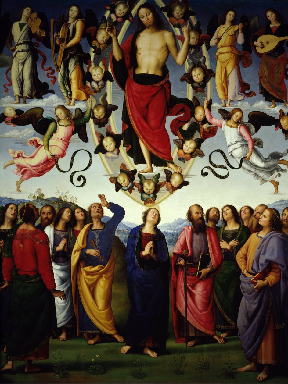 Kristi Jesu Kristi himmelfart er repræsenteret i en mandorla. Detalje. Maleri af Pietro Vannucci dit Il Perugino af Pietro Perugino
