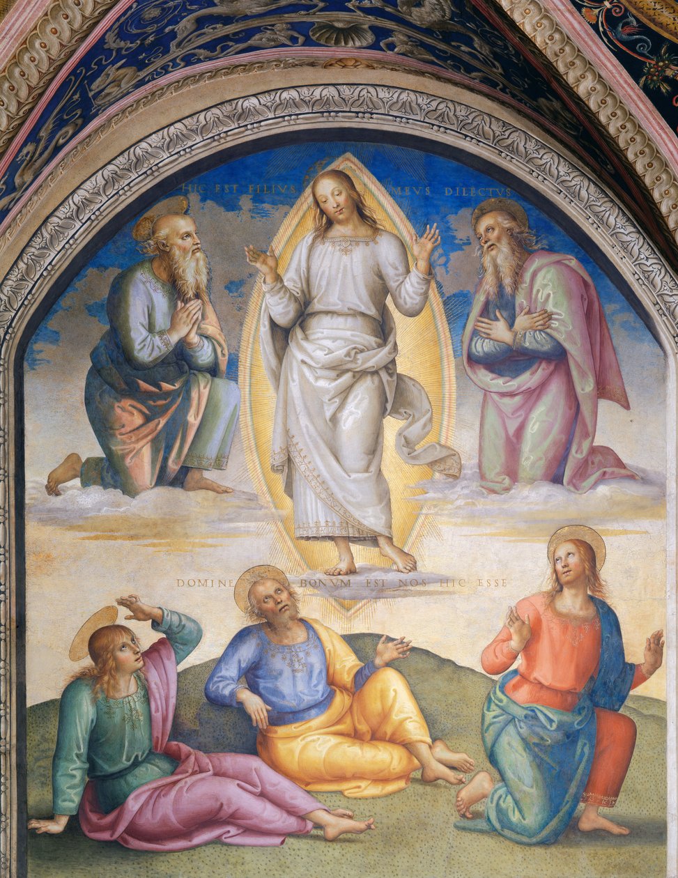 Forvandlingen: Kristus klædt i hvidt er omgivet af Moses og Elias, under apostlen Johannes, Peter og Jakob af Pietro Perugino