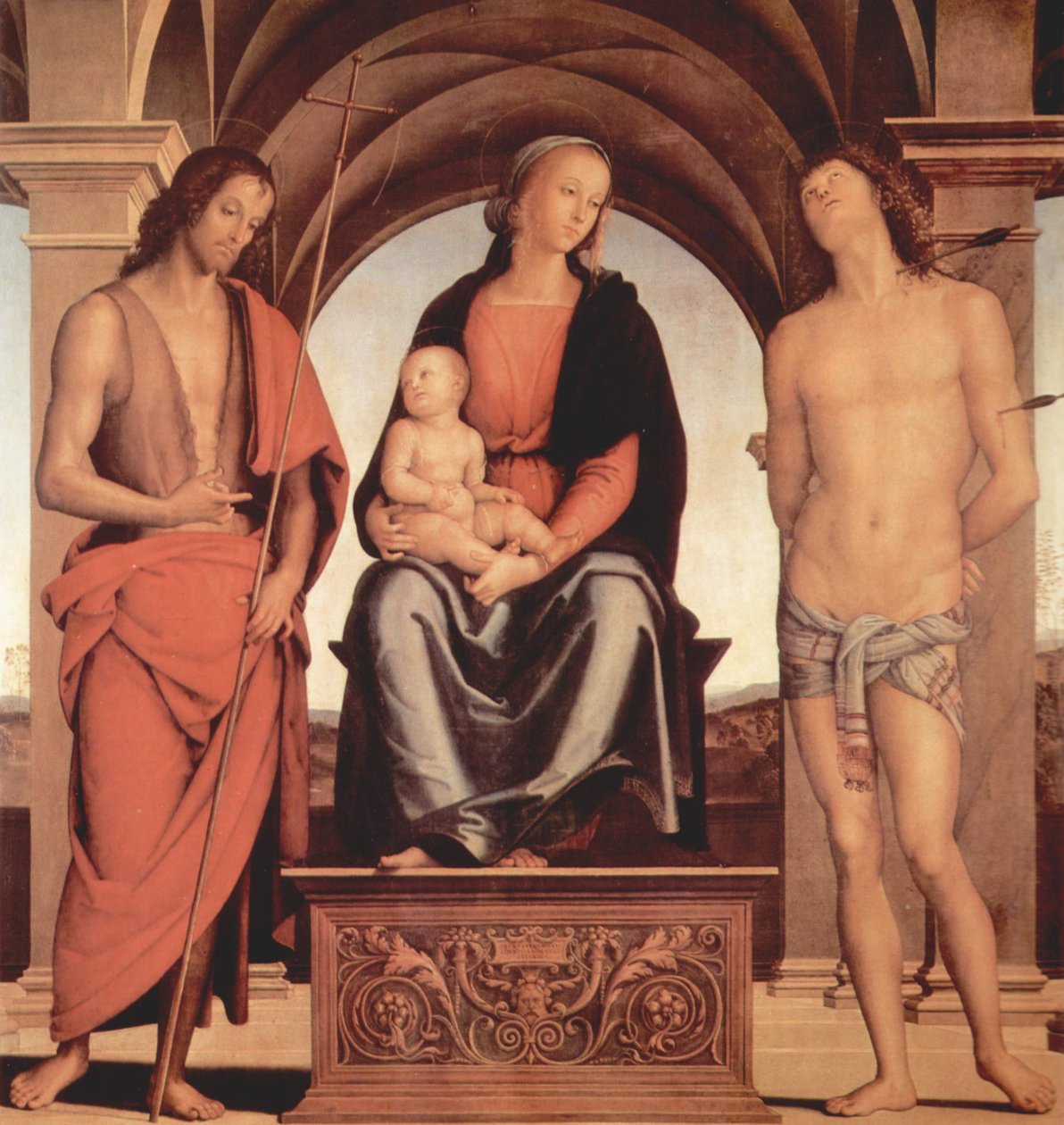 Tronede Madonna med Sankt Johannes Døberen og Sankt Sebastian af Pietro Perugino