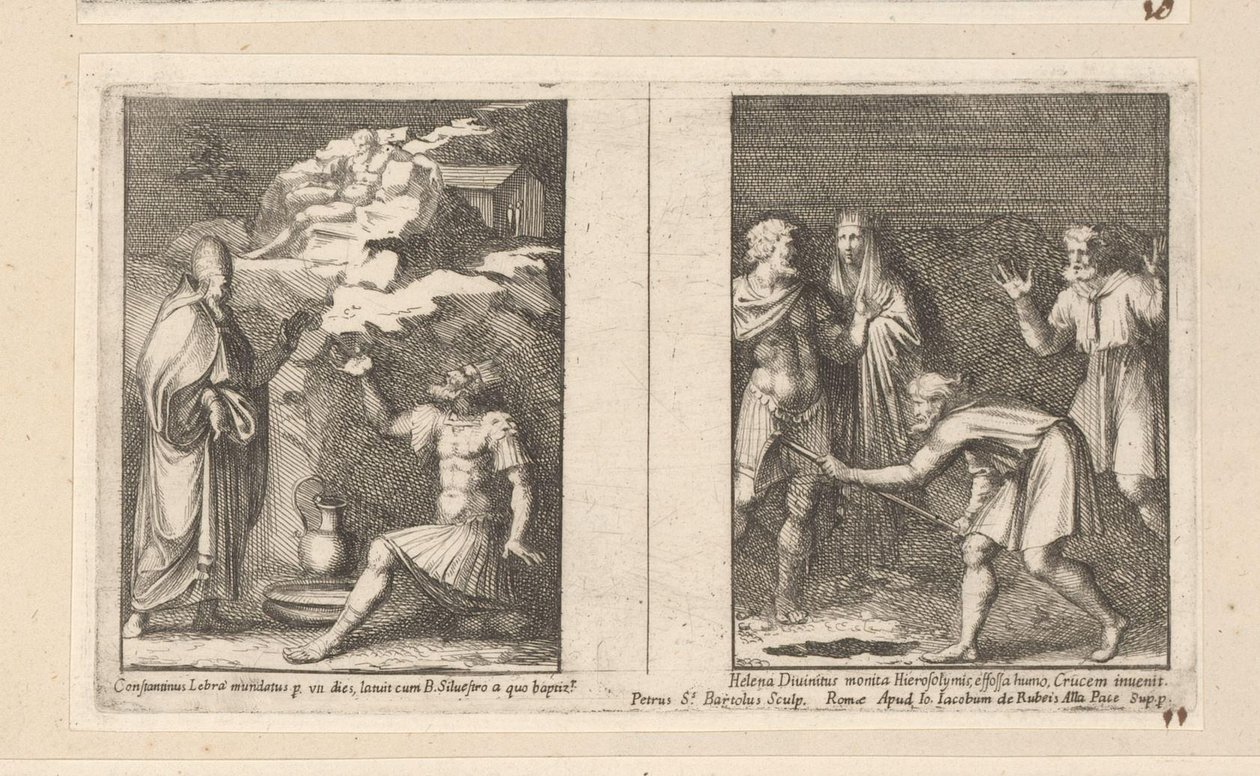 Pave Silvester helbreder Konstantin og Sankt Helena finder det sande kors Constantinus Lebra mundatus p un dies latuit cum B. Silvestro a quo baptiz (...) (titel på objektet) Kejser Konstantins historie (serietitel) af Pietro Sante Bartoli