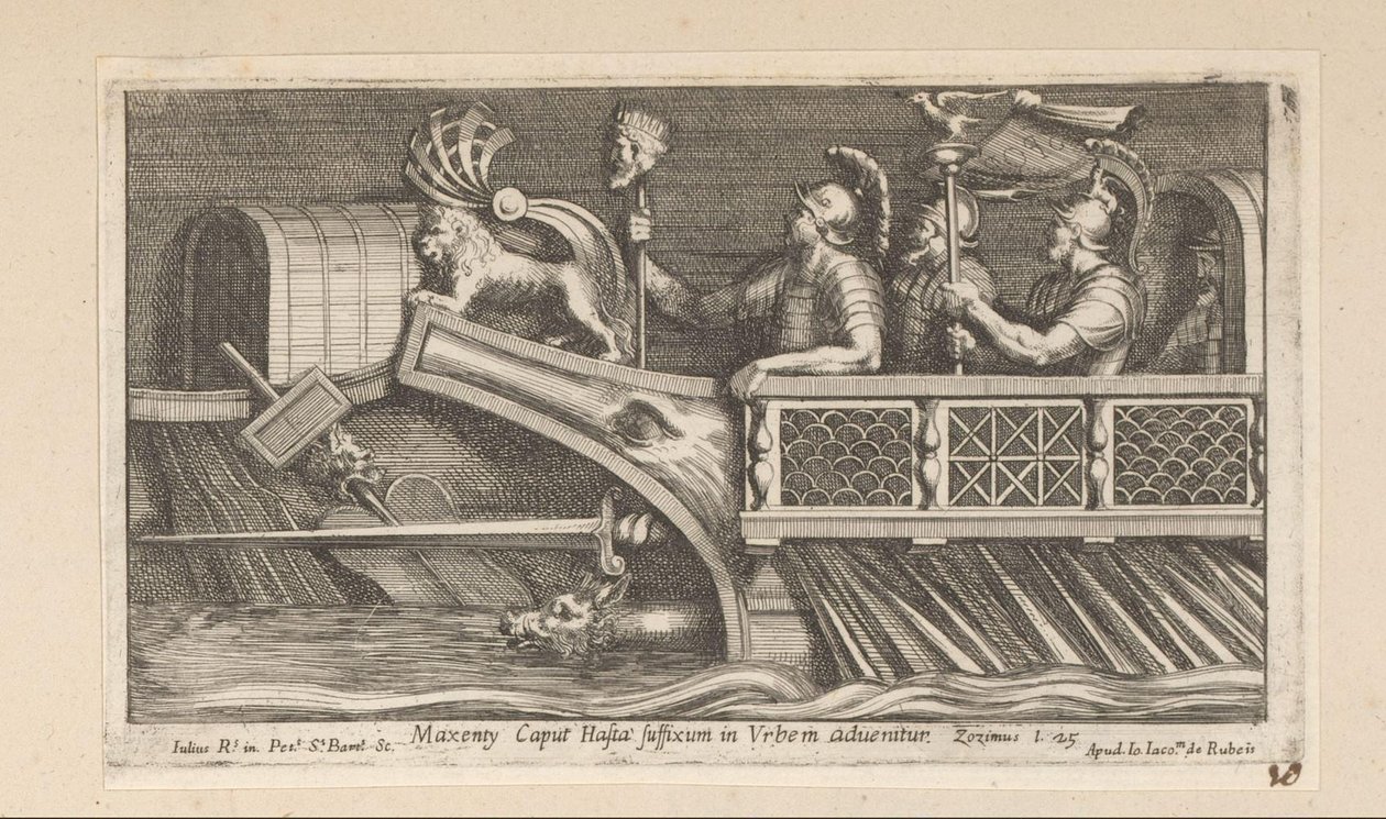 Soldater i en båd Maxenty Caput Hasta suffiks i Urbe in advenitur (titel på objekt) Kejser Konstantins historie (serietitel) af Pietro Sante Bartoli