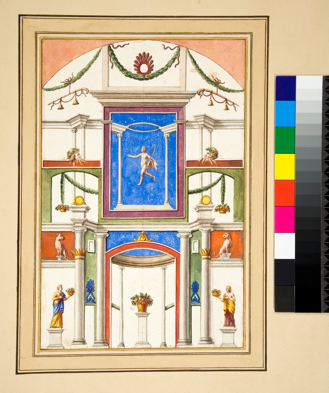 En dekoreret væg (sort kridt, nogle med kuglepen og brunt blæk. farvet med akvarel) af Pietro Santi Bartoli