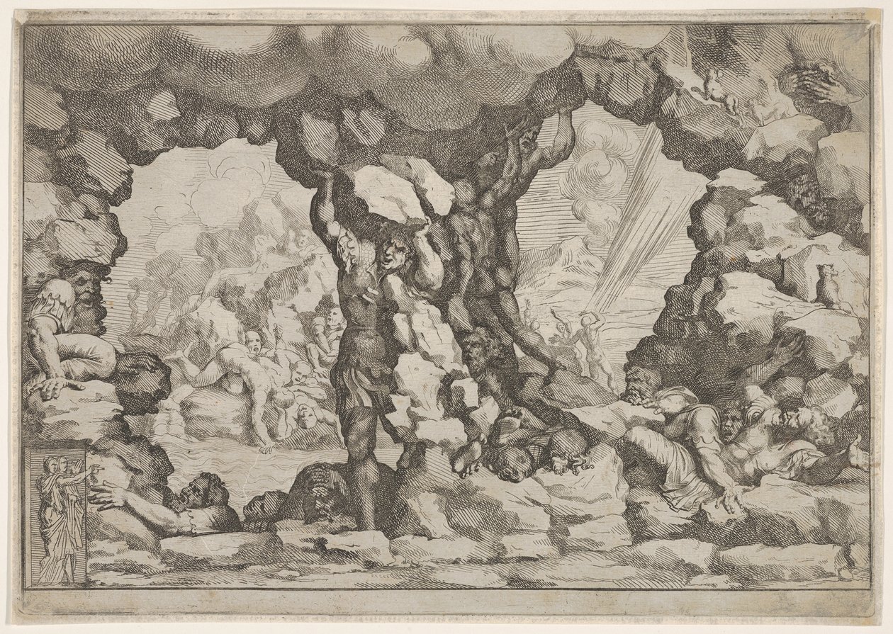 En kæmpe hæver en kampesten i midten, andre kæmper til venstre og højre kæmper og rec..., ca. 1680. af Pietro Santi Bartoli