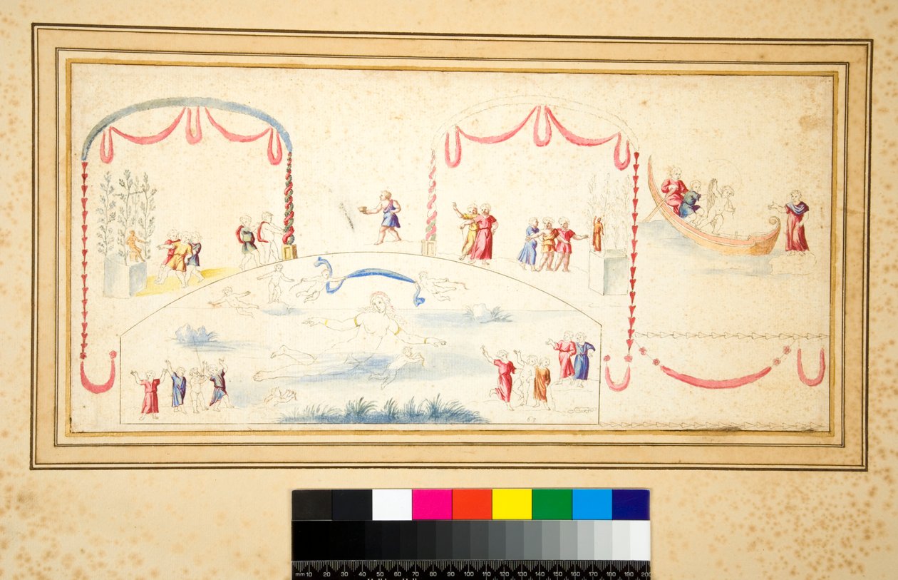 Afrodite svømmer med talrige putti rundt om sig (sort kridt, nogle med pen og brunt blæk. farvet med akvarel) af Pietro Santi Bartoli