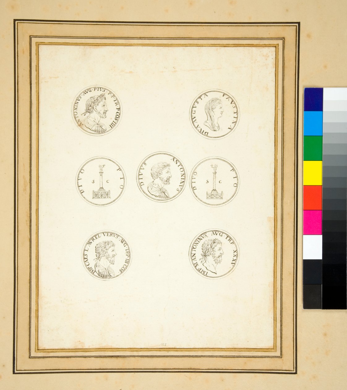 Mønter, der viser søjlen af Antoninus Pius (blæk) af Pietro Santi Bartoli