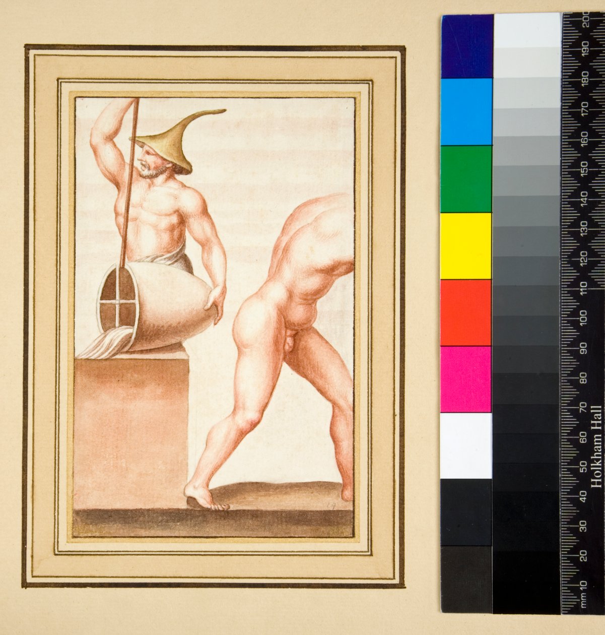 Kopi af en mosaik af en mand med spids kasket hældende fra vase. (sort kridt, nogle med kuglepen og brunt blæk. farvet med akvarel) af Pietro Santi Bartoli