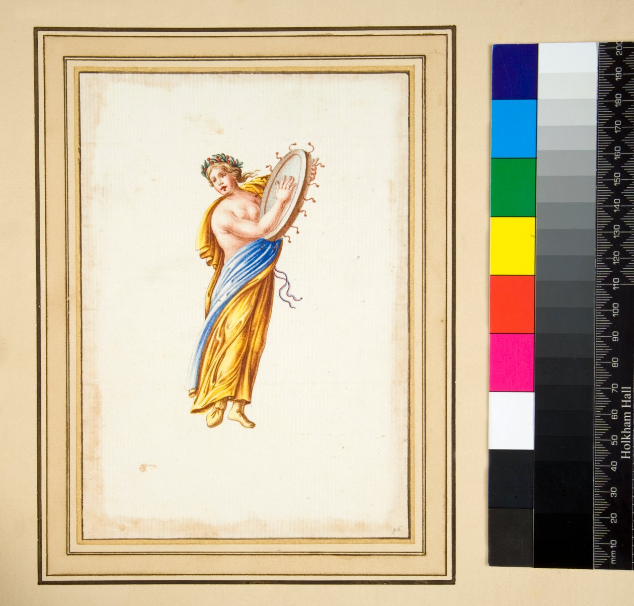 Draperet figur, der slår en tromme (sort kridt, nogle med pen og brunt blæk. farvet med akvarel) af Pietro Santi Bartoli