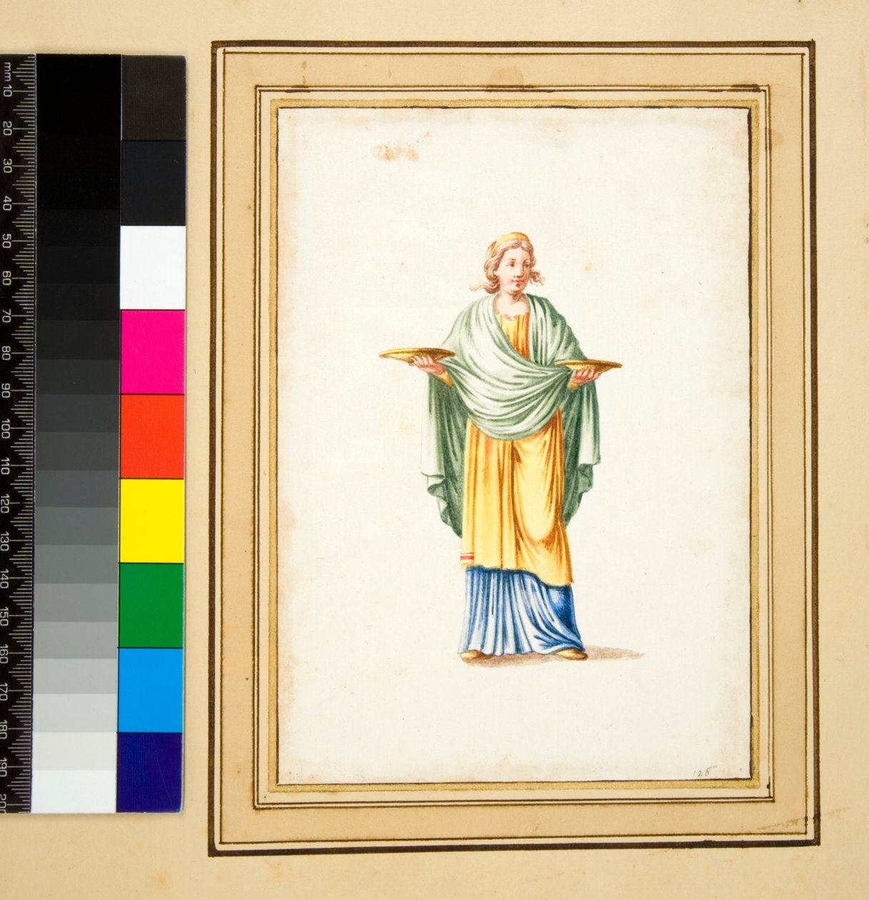 Kvindefigur på piedestal (sort kridt, nogle med pen og brunt blæk. farvet med akvarel) af Pietro Santi Bartoli