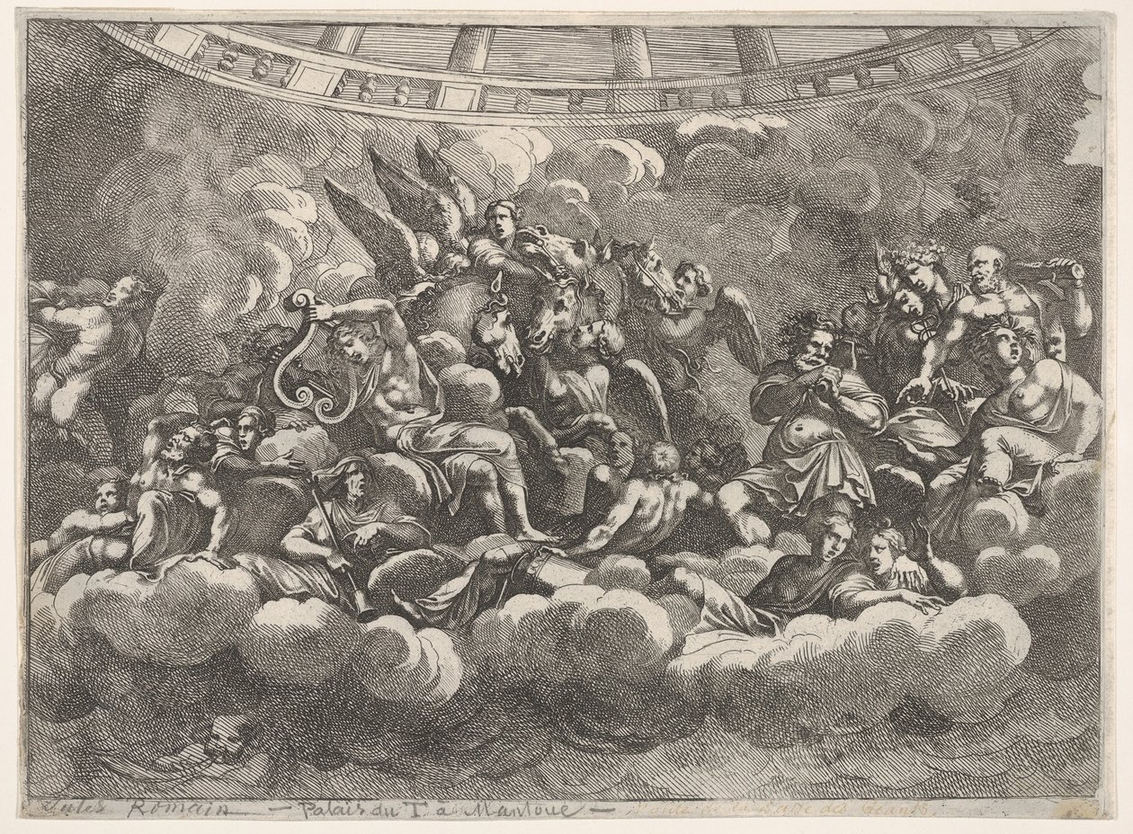 Indsamling af forskellige olympiske guder og mytologiske figurer blandt skyer, Apollo at ce..., ca. 1680. af Pietro Santi Bartoli