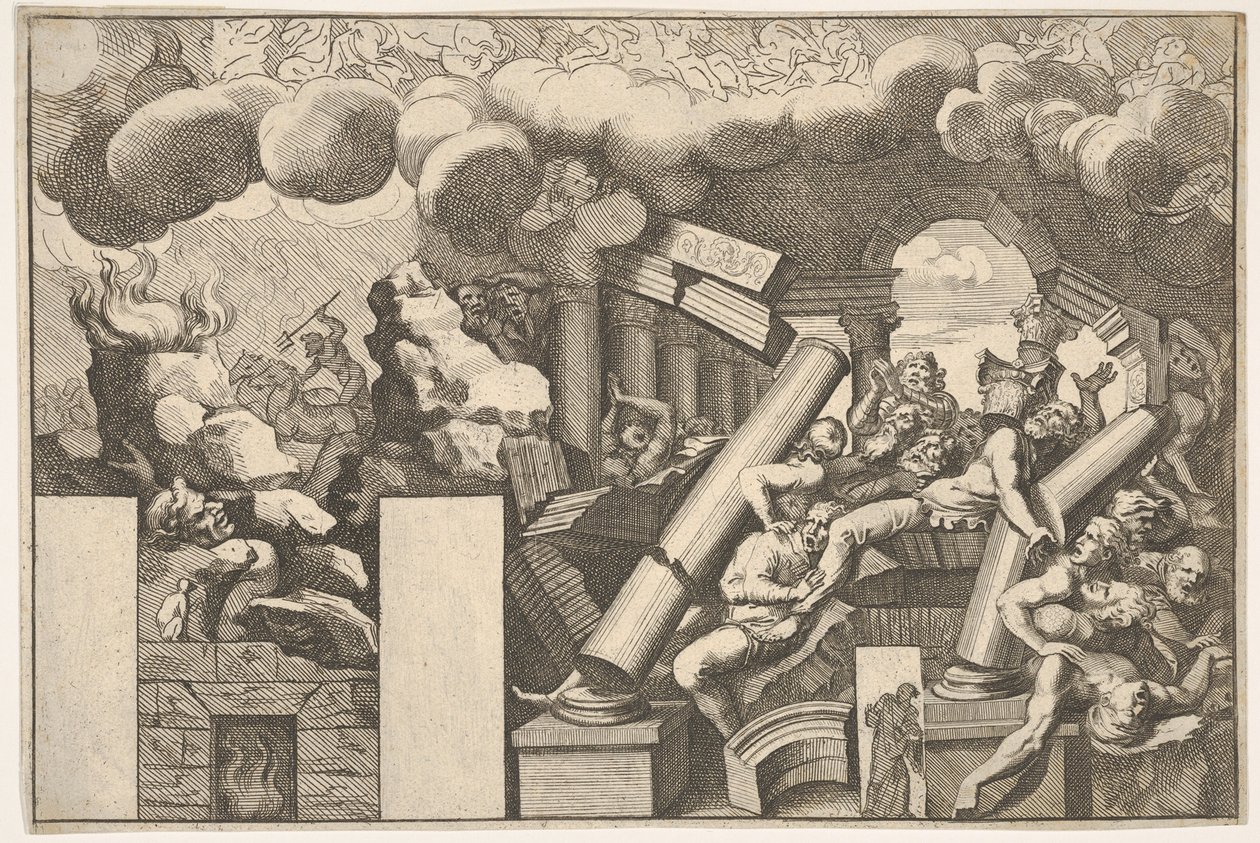 Kæmper knust af sten og templets faldende søjler, røgskyer over..., ca. 1680. af Pietro Santi Bartoli
