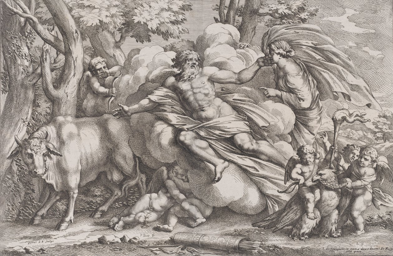 Io til venstre som en ko, Jupiter på en sky i midten og Juno til højre med pu..., 1650-90. af Pietro Santi Bartoli