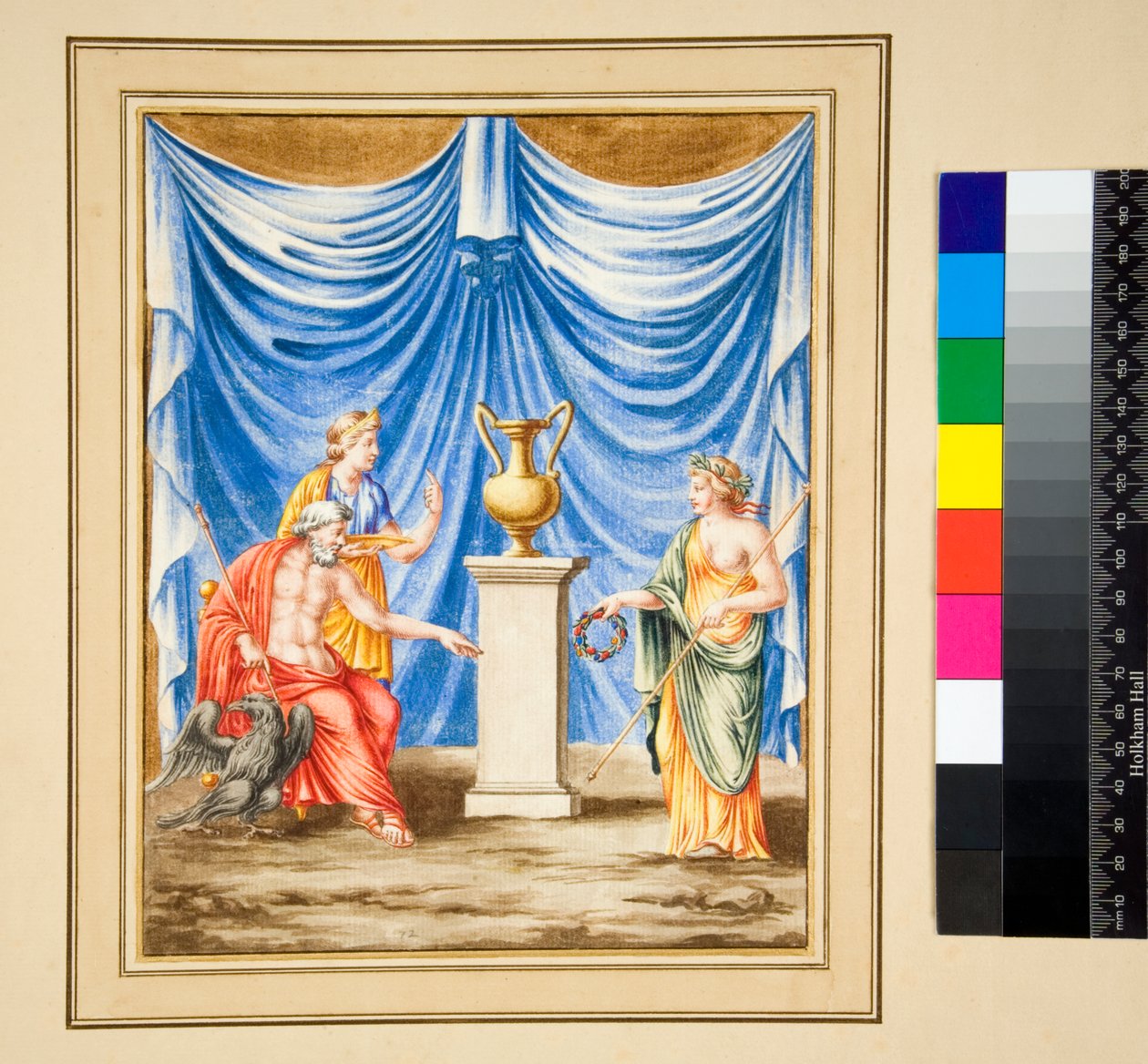 Jupiter sidder til venstre med en ørn og en kvindefigur (sort kridt, nogle med pen og brunt blæk. farvet med akvarel) af Pietro Santi Bartoli