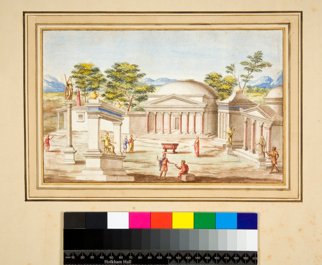 Landskab med Pantheon (sort kridt, nogle med pen og brunt blæk. farvet med akvarel) af Pietro Santi Bartoli
