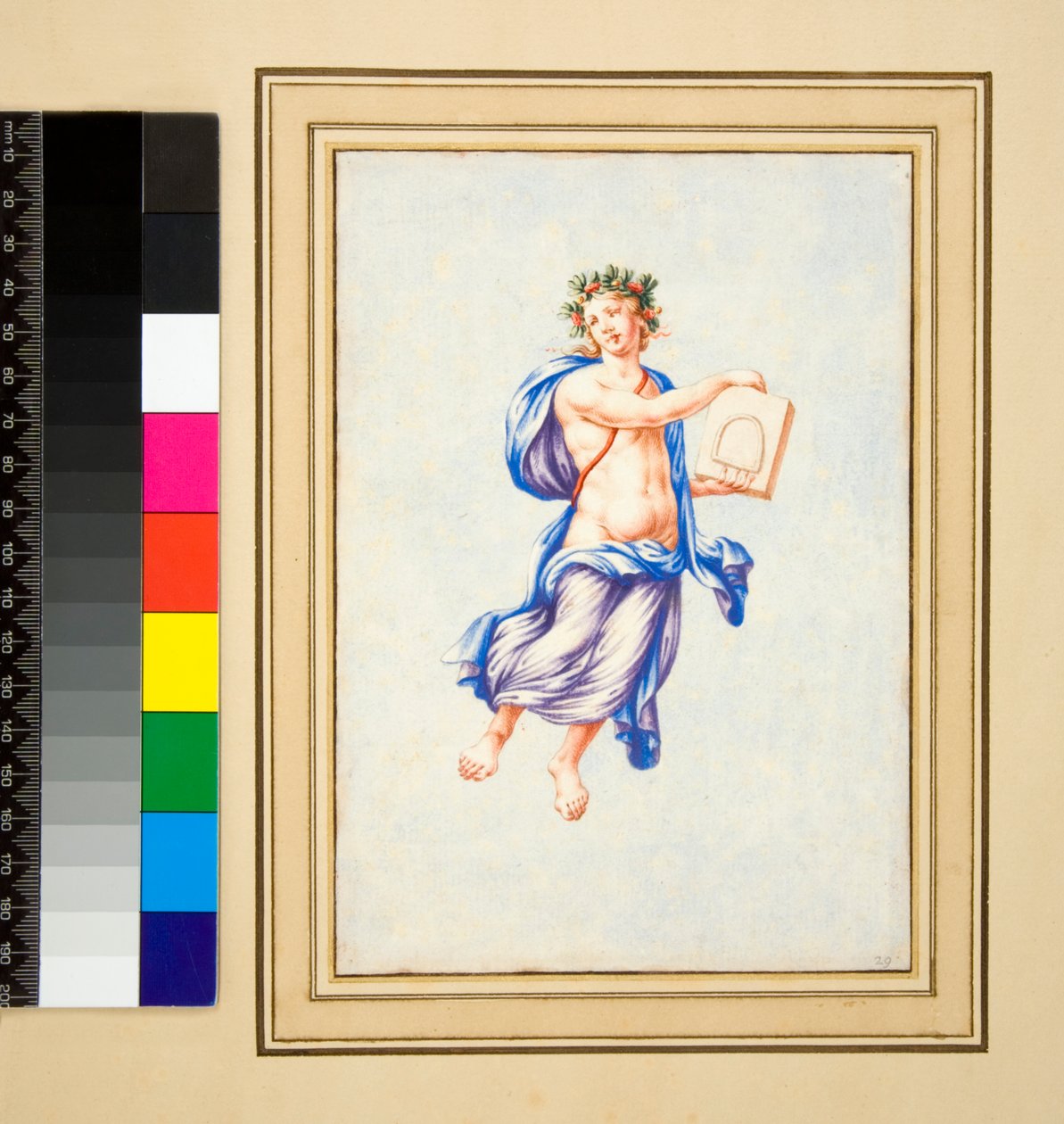 Mandsfigur svævende (sort kridt, nogle med pen og brunt blæk. farvet med akvarel) af Pietro Santi Bartoli