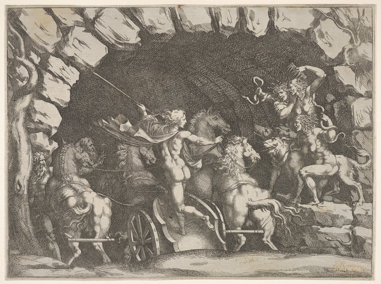 Pluto, set bagfra, går ind i underverdenen på sin vogn, Cerberus og tre Fu..., ca. 1680. af Pietro Santi Bartoli