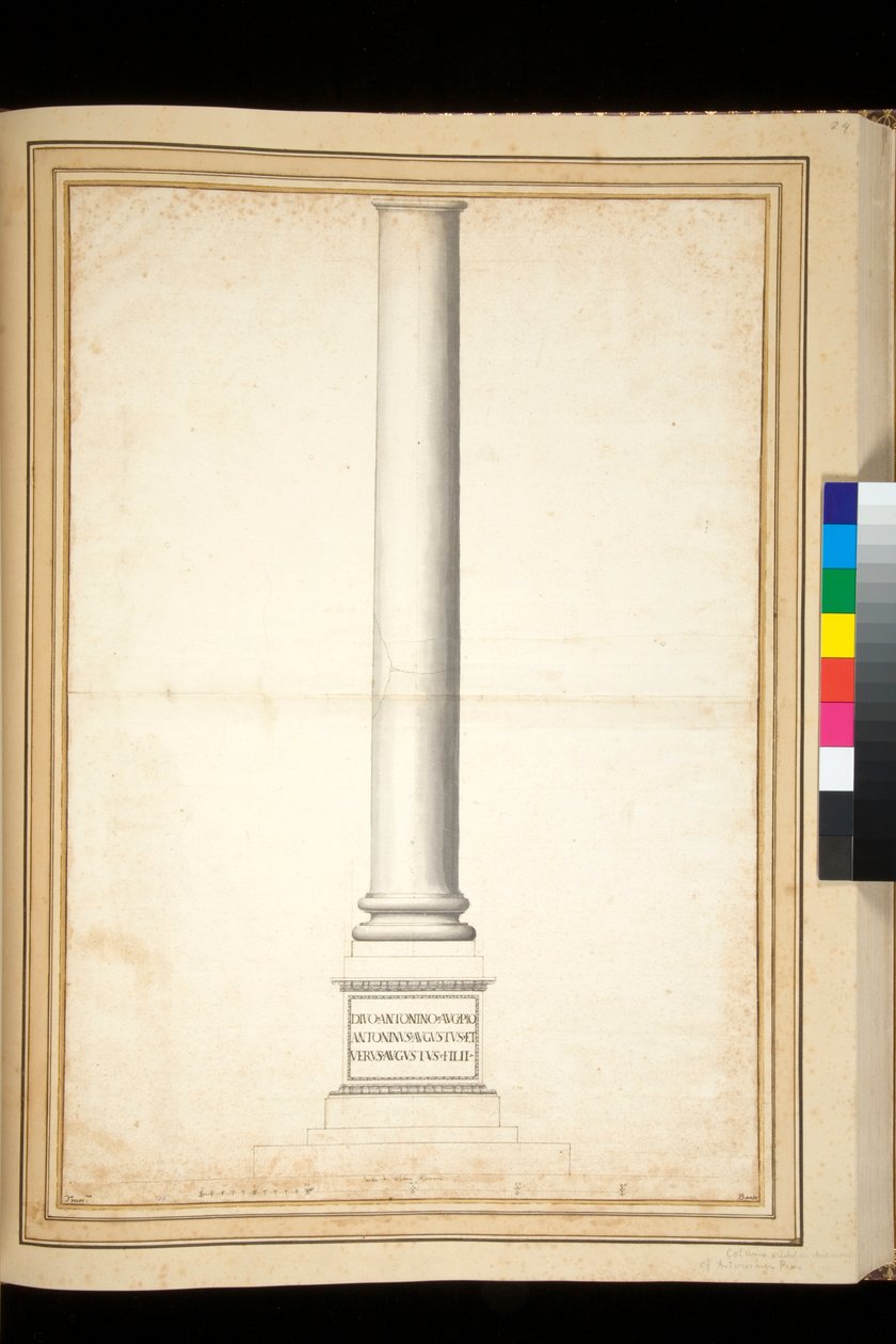 Antoninus Pius søjle vist som restaureret (pen og grå vask) af Pietro Santi Bartoli