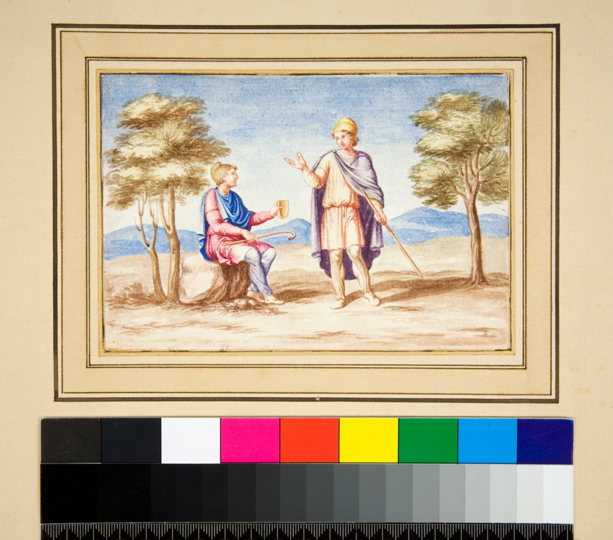 To mænd i frygiske kasketter (sort kridt, nogle med pen og brunt blæk. farve med akvarel) af Pietro Santi Bartoli