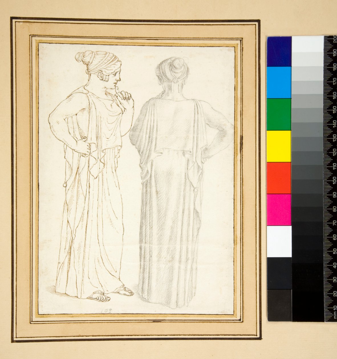 To visninger af en bronzestatuette (pen og blyant) af Pietro Santi Bartoli