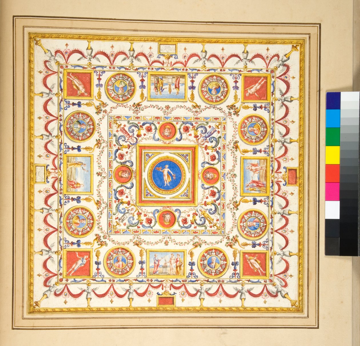 Volta del Palazzo di Augusto (sort kridt, nogle med pen og brunt blæk. farvet med akvarel) af Pietro Santi Bartoli