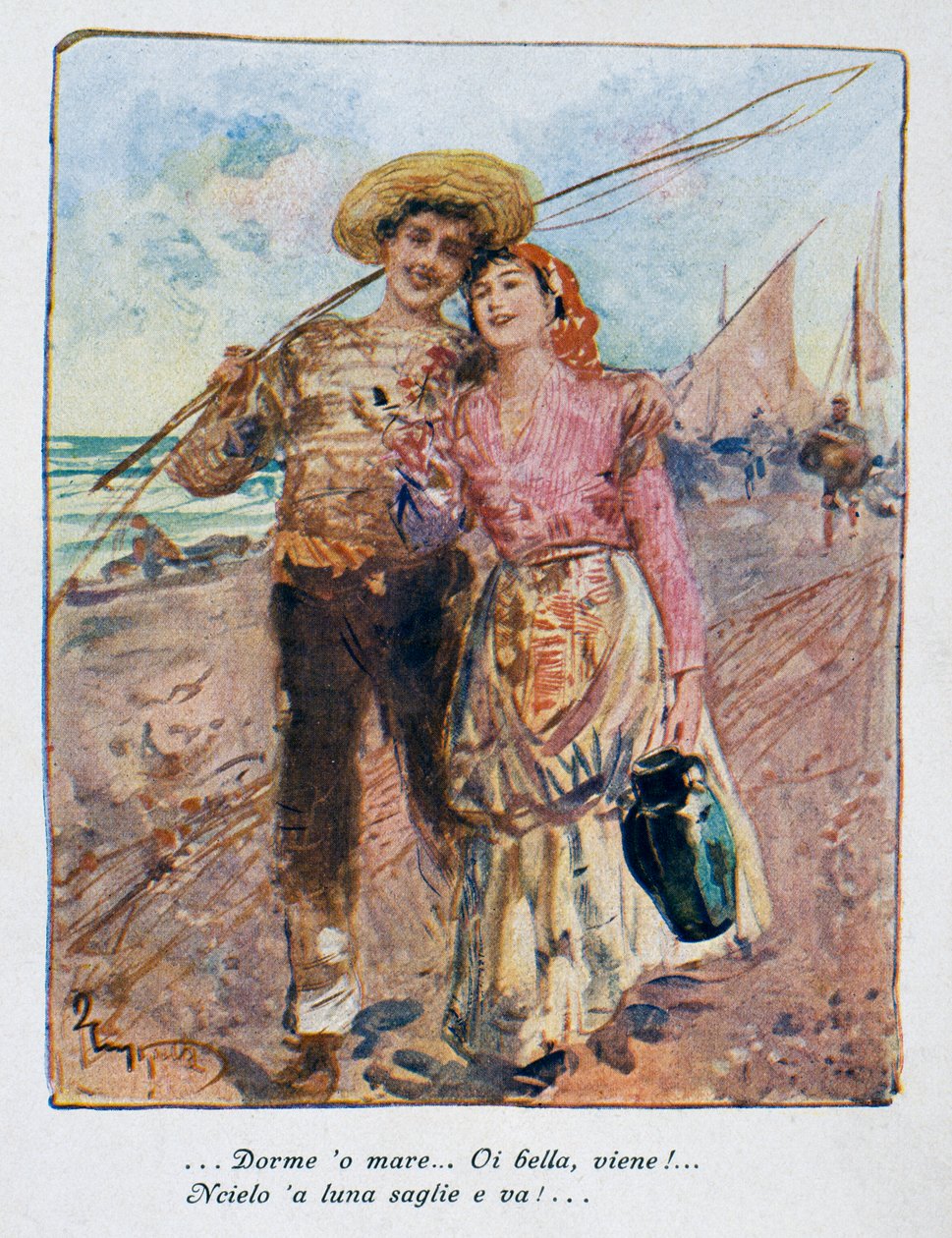 Tilbage fra fiskeri, illustration af Pietro Scoppetta (1863-1920), Italien, 20. århundrede af Pietro Scoppetta