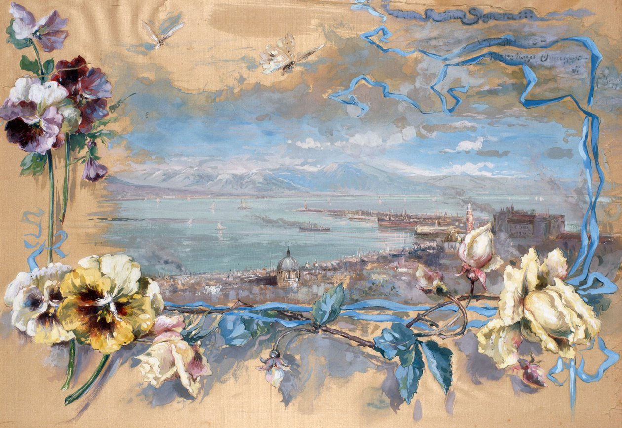 Udsigt over Napoli gennem stedmoderblomster (maleri på silke) af Pietro Scoppetta
