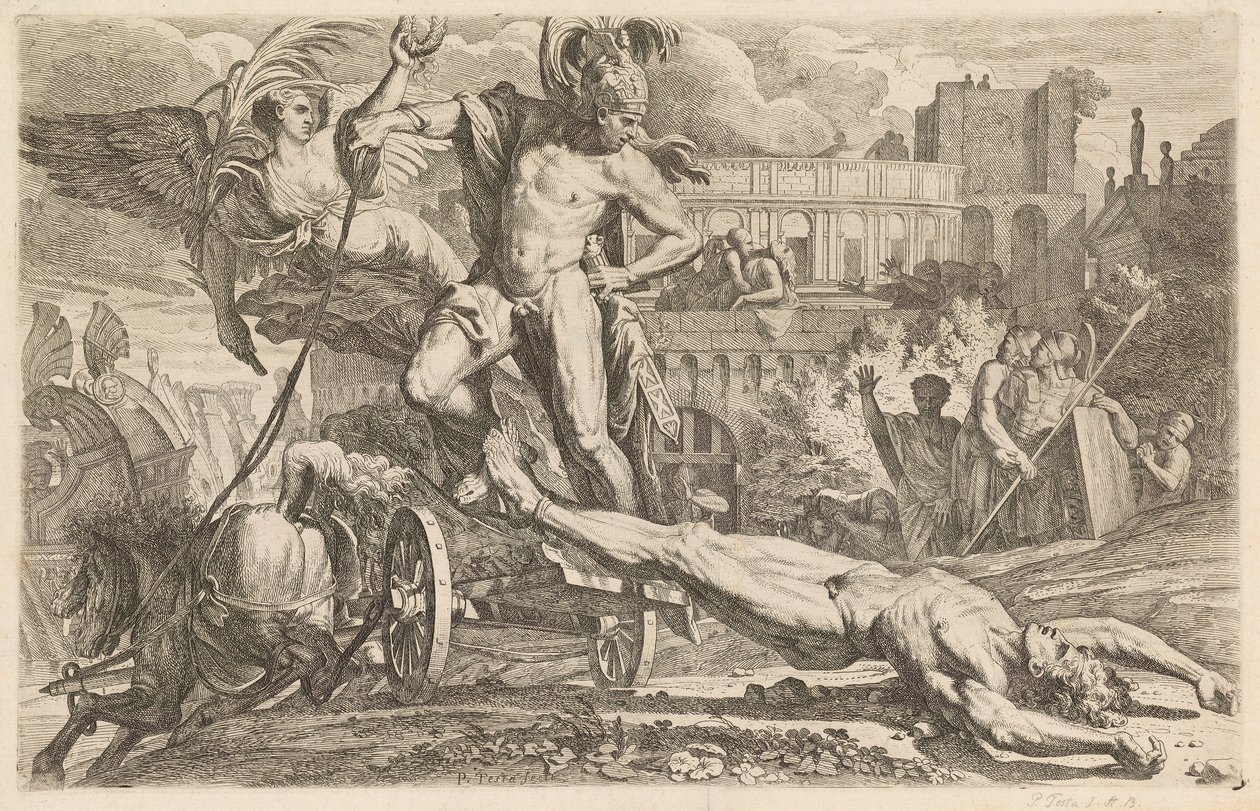Achilles trækker liget af Hector rundt om Trojas mure af Pietro Testa