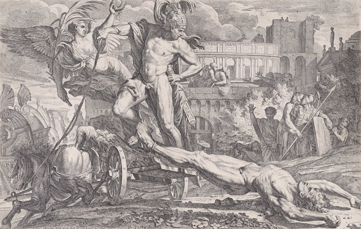 Achilleus trækker liget af Hector rundt om Trojas mure, 1648-50. af Pietro Testa