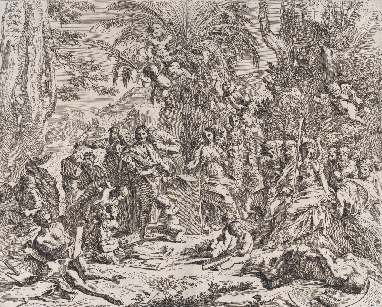 En allegori over maleriet, der som barn i midten til venstre tegner på en tavle, surrounde..., 1637-38. af Pietro Testa