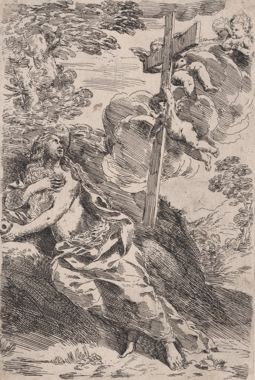 Maria Magdalene i ørkenen, et kors båret af engle til højre, ca. 1630. af Pietro Testa