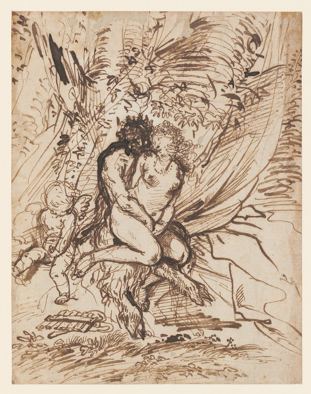 Pan omfavner Venus set af Amor af Pietro Testa