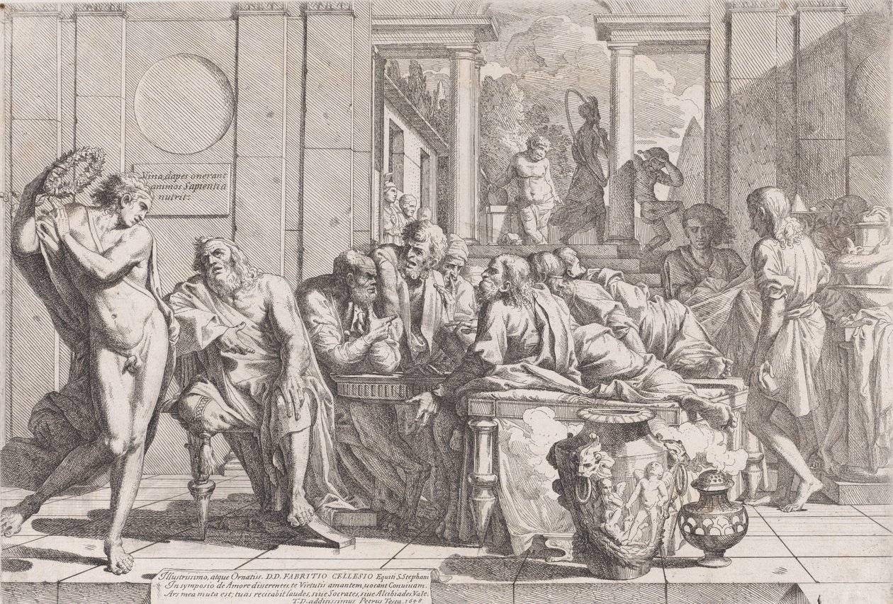 Platons symposium: Sokrates og hans ledsagere sad omkring et bord og diskuterede ideel kærlighed..., 1648. af Pietro Testa
