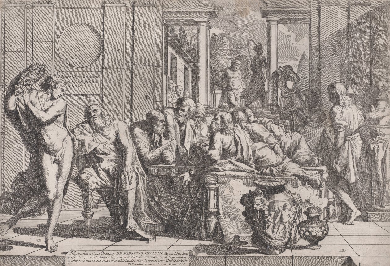 Platons symposium: Sokrates og hans ledsagere sad omkring et bord og diskuterede ideel kærlighed..., 1648. af Pietro Testa