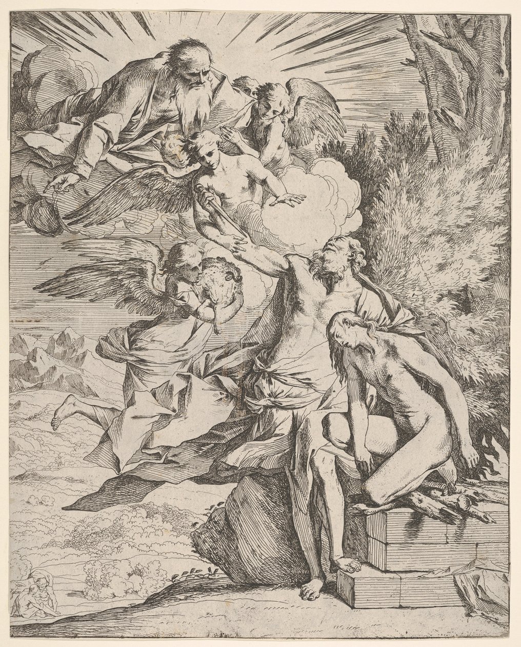 Isaks offer: en engel presser sig mod den dolkbærende arm af Abraham, som ..., ca.1645-50. af Pietro Testa