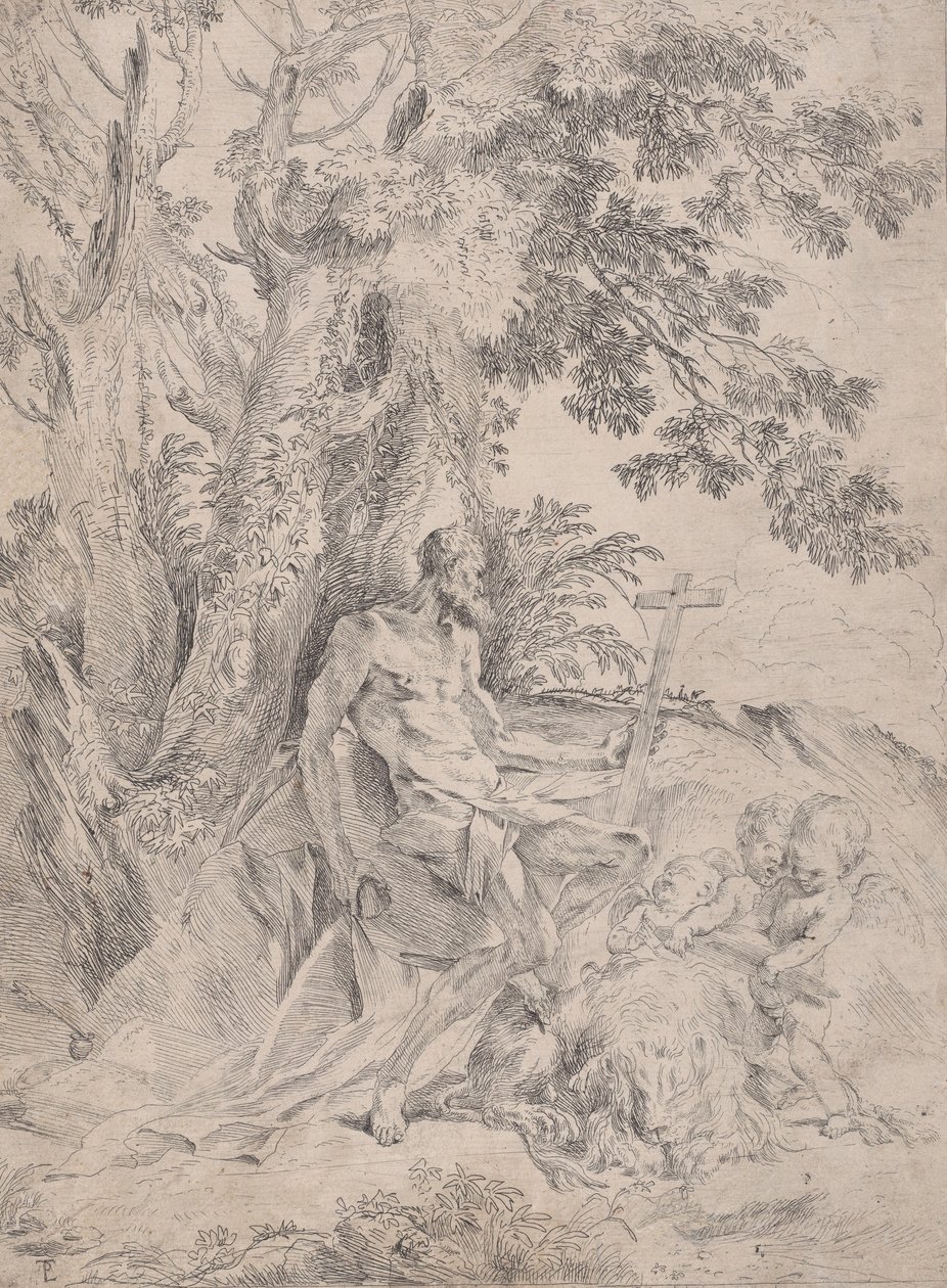 Sankt Hieronymus før et krucifiks ledsaget af en løve og tre putti, ca. 1631-37. af Pietro Testa