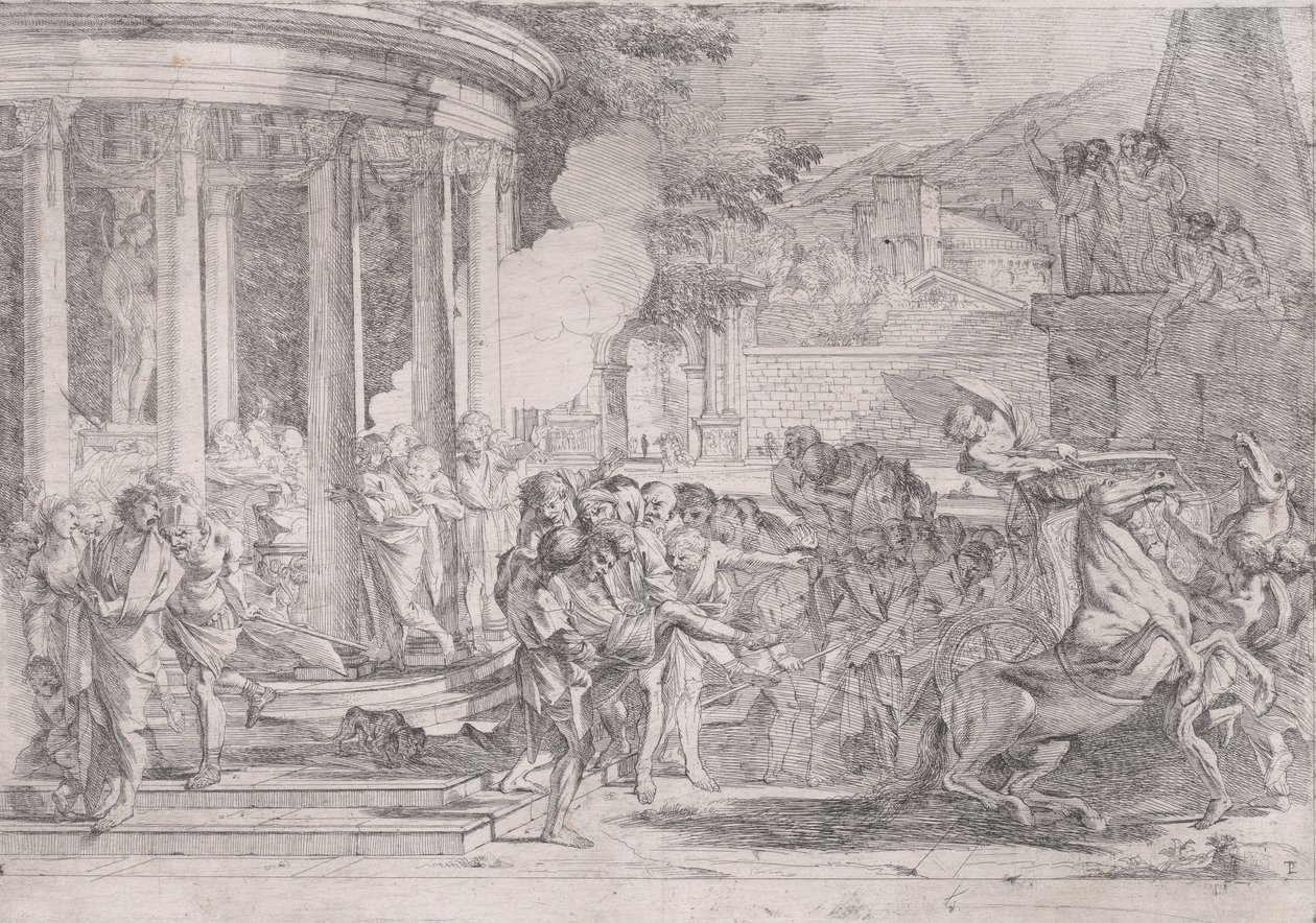 Sinorix båret fra Artemis tempel i et forsøg på at undslippe virkningerne af giften..., ca. 1640. af Pietro Testa