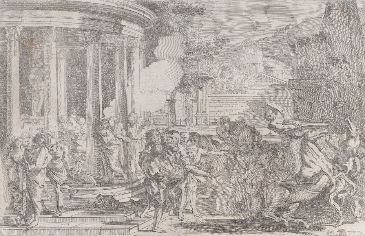 Sinorix båret fra Artemis tempel i et forsøg på at undslippe virkningerne af giften..., ca. 1640. af Pietro Testa