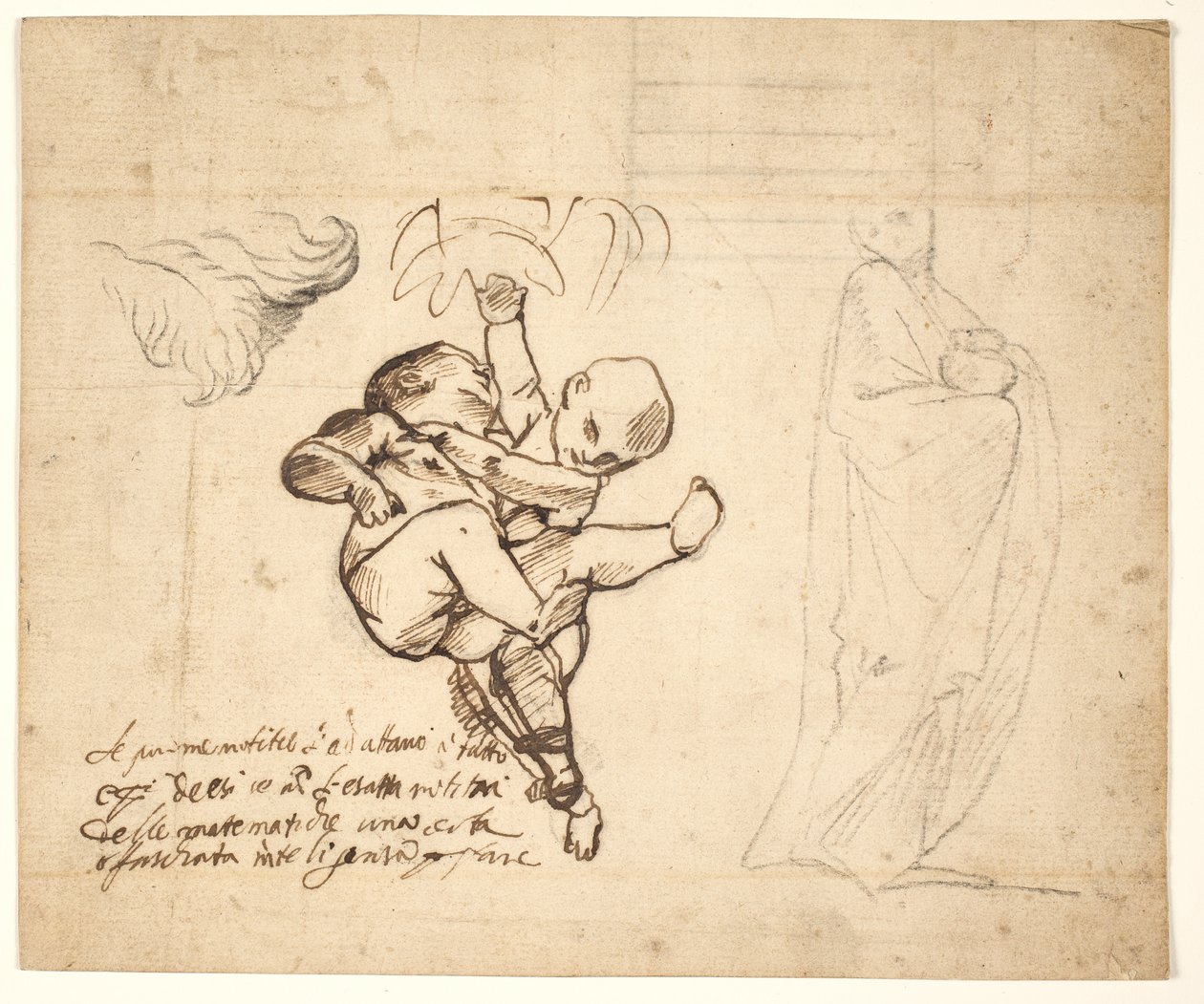 Studie til to spillende putti, blade og en draperet figur med en urne af Pietro Testa